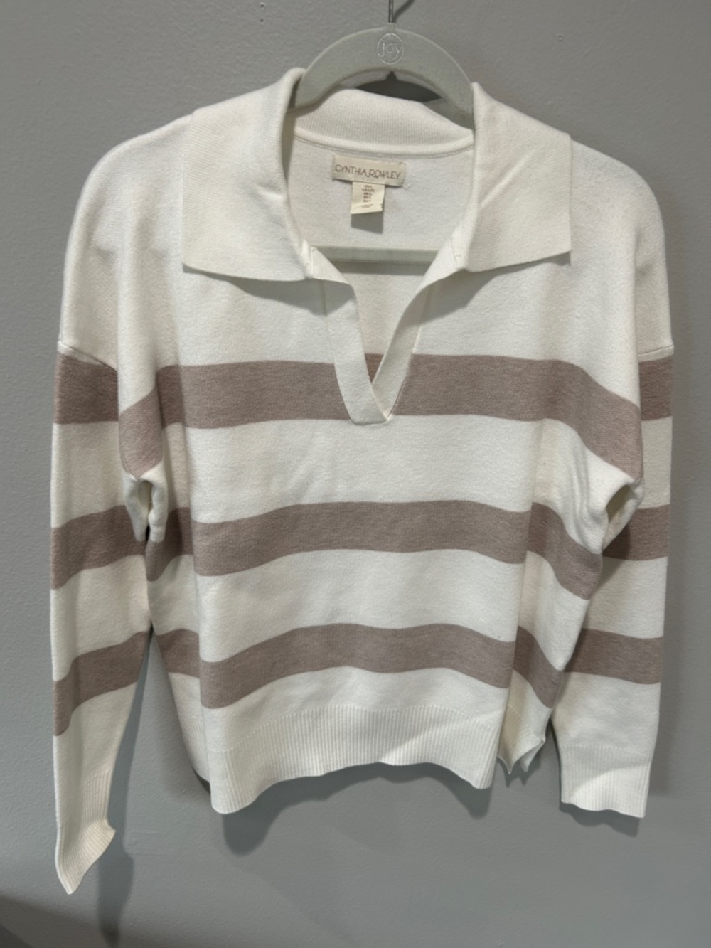 Cynthia Rowley Cream and Taupe Striped V‑Notch Polo Sweater